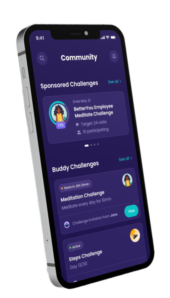 The BetterYou app showing sponsored and buddy challenges on a phone